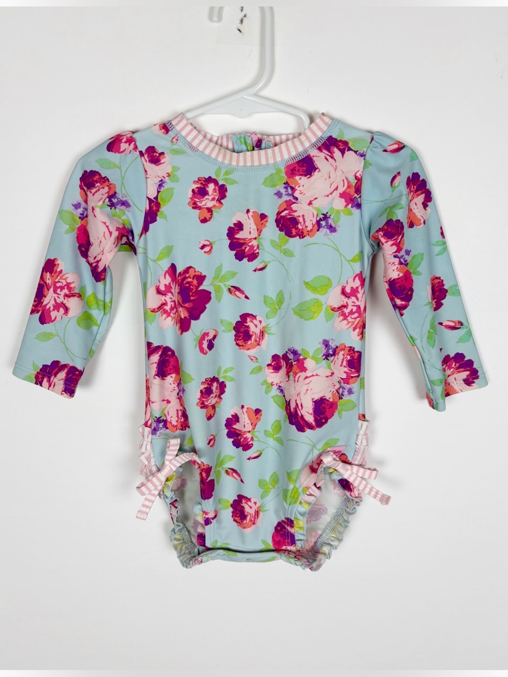 Ruffle Butts Long Sleeve One-Piece Swimsuit Floral 12-18 Months Blue Pink Bow